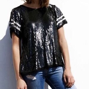 AS by DF "Ray" Black Sequin Jersey Top Blouse Shirt Stripes Size Small Loose Fit